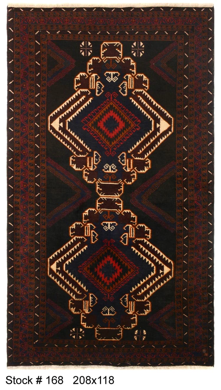 Afghan Baluchi rug pure wool pile hand knotted area rug 208cm x 118cm