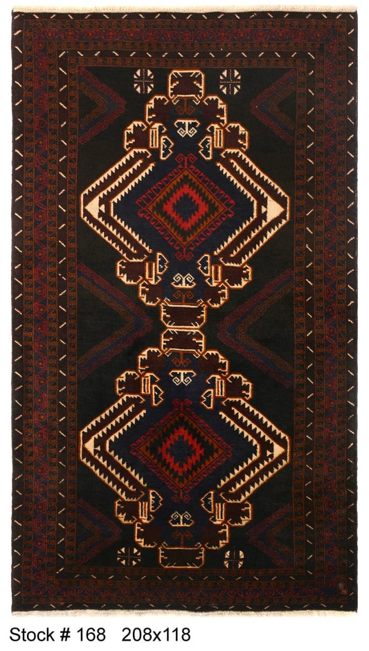 Afghan Baluchi rug pure wool pile hand knotted area rug 208cm x 118cm